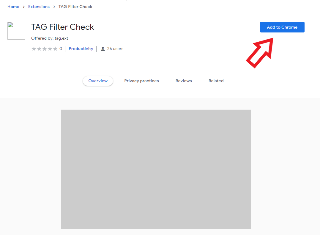 Chrome Web Store page for TAG Filter Check with the Add to Chrome button highlighted.