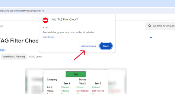 Chrome confirmation dialog with the Add extension button highlighted.