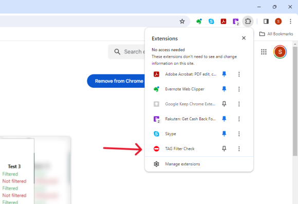 Extensions menu showing the TAG Filter Check entry highlighted.