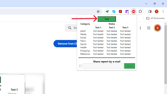 TAG Filter Check popup showing the green Test button.
